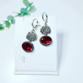 Faceted Red Rhinestone earrings with a tree of life symbol