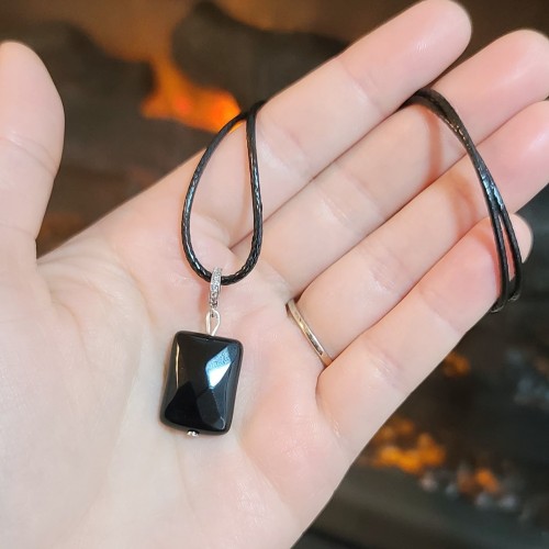 Faceted Black Agate rectangular shape stainless steel Zirconia clasp pendant with a black cord