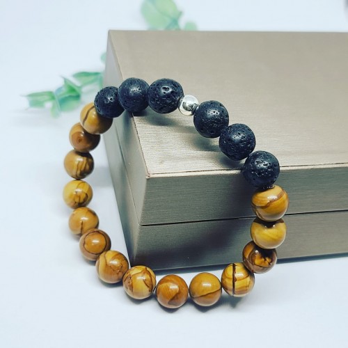 Picture Jasper and Lava Stone beaded Unisex bracelet 10 mm