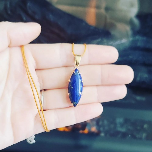 Lapis Lazuli teardrop Gold tone Pendant with a brown cotton cord