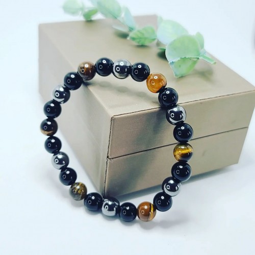 Tiger Eye, Black Agate and Hematite beaded Unisex style bracelet 8 mm