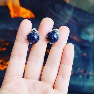 Blue Goldstone round ear clips
