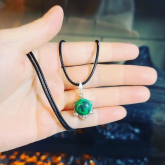 Malachite Rhinestones flower style pendant with a black cord