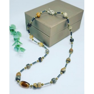 Moss Agate, Hematite, and Czech glass handcrafted Heart clasp necklace