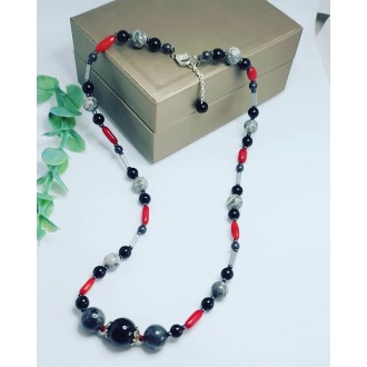 Red Coral, Picture Jasper, Labradorite, Hematite handcrafted necklace