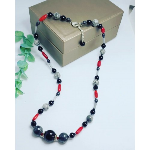 Red Coral, Picture Jasper, Labradorite, Hematite handcrafted necklace