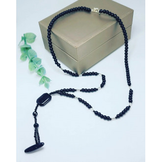 Matte Black Agate, SIlver Hematite,  Blue Goldstone necklace with pendant