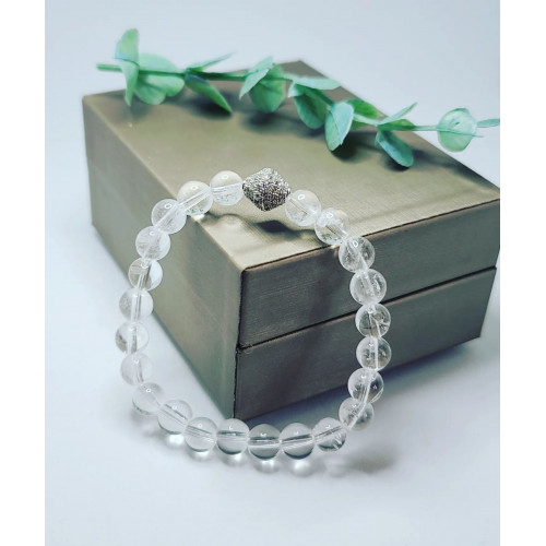 Clear Quartz Zirconia Stainless steel charm beaded bracelet  8 mm