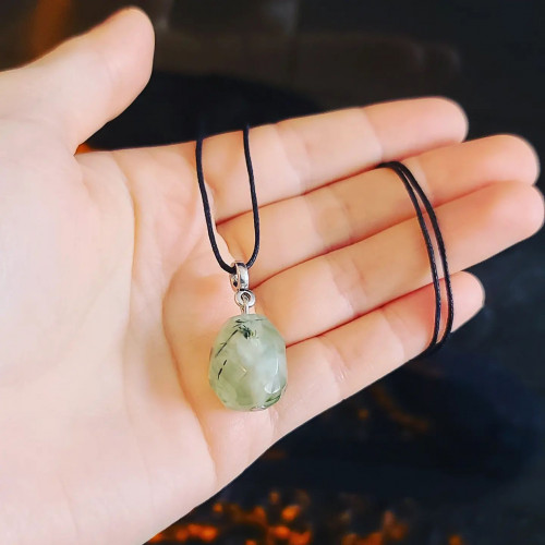 Faceted Prehnite Crystal Pendant with a black cord