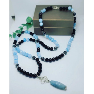 Aquamarine Quartz,  Black Lace Agate, Hematite with  Tibetian good luck knot  charm
