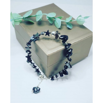 Snowflake Obsidian chips, Hematite star clasp bracelet