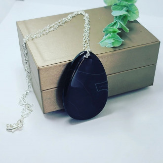 Black Lace Agate Massive Teardrop pendant with a stainless steel silver tone chain