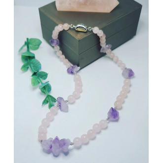 Rose Quartz, Raw Amethyst 925 silver plated clasp necklace