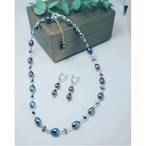 Dark Tahitian Black Pearl, Hematite rice necklace and earrings set