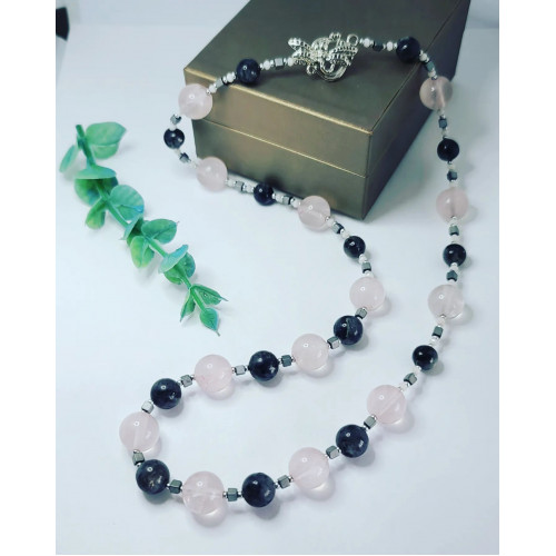 Rose Quartz, Labradorite and Hematite dragonfly clasp necklace 12 mm, 8 mm