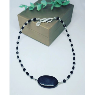 Black Agate, Czech Glass charm Minimalism necklace