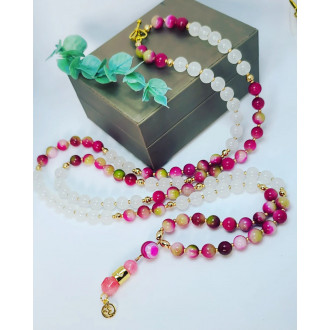 Pink Rainbow Agate, Cat Eye, Om and Moon charm Mala 108 beads necklace