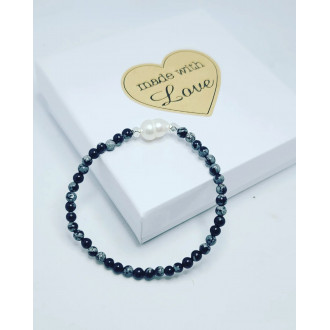 Snowflake Obsidian,  Freshwater Pearl Bead bracelet 4 mm