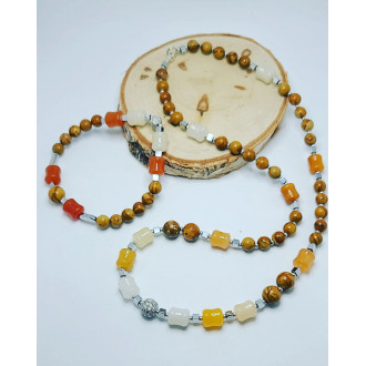 Picture Jasper, Yellow Jade, Agate, Silver Hematite Zirconia Stainless steel charm necklace and bracelet set