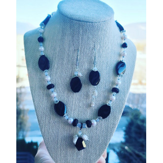 Black Agate, Freshwater Pearl, Opalite,  Stainless steel charm necklace and earrings set