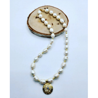 Freshwater Pearl rice shape, Evil Eye gold plated necklace 10~11 mm