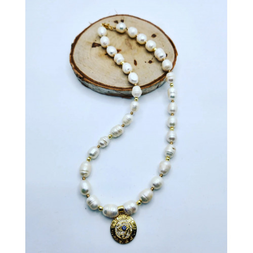 Freshwater Pearl rice shape, Evil Eye gold plated necklace 10~11 mm