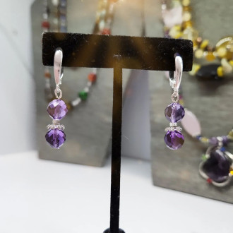 Faceted Amethyst double Bead Stainless steel earrings