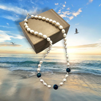 Freshwater rice Pearl, Blue Tiger Eye Necklace