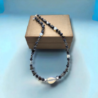 Hematite stars, Opalite, Czech Glass choker necklace