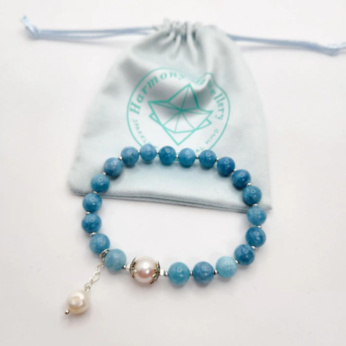 Aquamarine Quartz, Freshwater Pearl charm bracelet 8 mm
