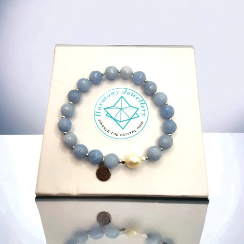 Faceted Aquamarine Quartz, Freshwater Pearl, Harmony charm bracelet 8 mm