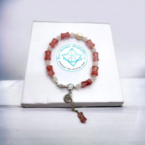 Strawberry Quartz, Rose Quartz, Freshwater Pearl charm clasp bracelet