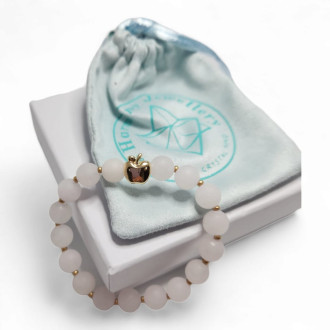 8 mm Matte Rose Quartz Bracelet with gold-plated apple charm 8 mm Matte Rose Quartz Bracelet with gold-plated apple charm