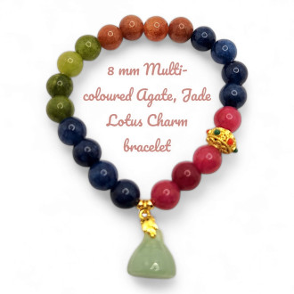 8mm Multi-Coloured Agate Jade Lotus Charm bracelet