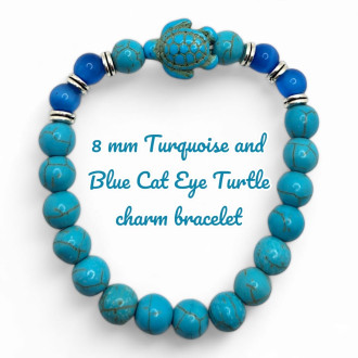 8 mm Turquoise and Blue Cat Eye Turtle charm bracelet