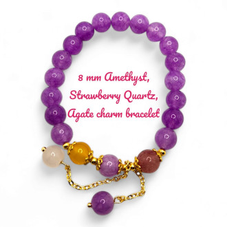 8 mm Amethyst, Strawberry Quartz, Agate charm bracelet