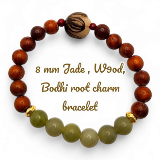 8 mm  Jade, Wood, Bodhi root charm bracelet