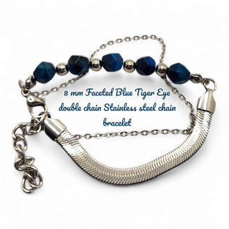 8 mm Faceted Blue Tiger Eye, Double Chain Stainless Steel Bracelet