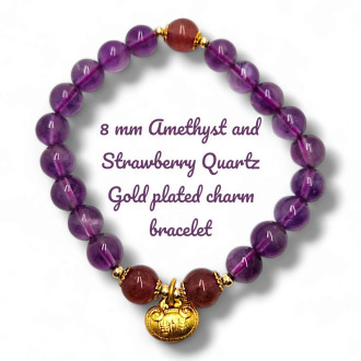 8 mm Amethyst and Strawberry Quartz Gold plated charm bracelet