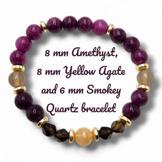 8 mm Amethyst, Yellow Agate and 6 mm Smokey Quartz bracelet