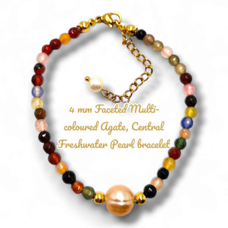 4 mm Faceted Multi-colored Agate, Central Freshwater Pearl bracelet