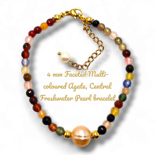 4 mm Faceted Multi-colored Agate, Central Freshwater Pearl bracelet