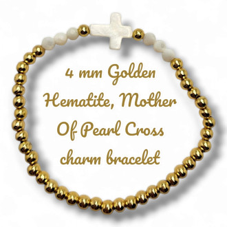4 mm Golden Hematite, Mother of Pearl, Cross charm bracelet
