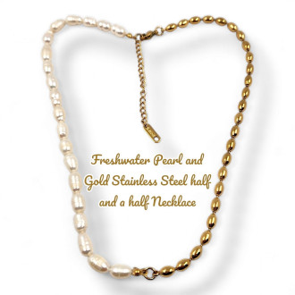 Freshwater Pearls and Gold Stainless Steel half and a half Necklace