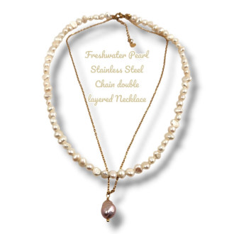 Freshwater Pearl Stainless Steel Chain double layered Necklace