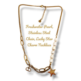 Freshwater Pearl,  Stainless Steel Chain, Lucky Star Charm Necklace