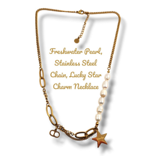 Freshwater Pearl,  Stainless Steel Chain, Lucky Star Charm Necklace