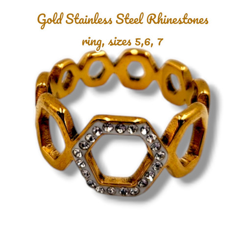 Gold Stainless Steel Hexagons design Rhinestones Ring, sizes 5, 6 and 7