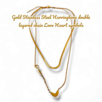 Gold Stainless Steel Herringbone double layered chain Love Heart symbols