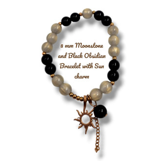 8 mm Moonstone and Black Obsidian bracelet with Sun charm